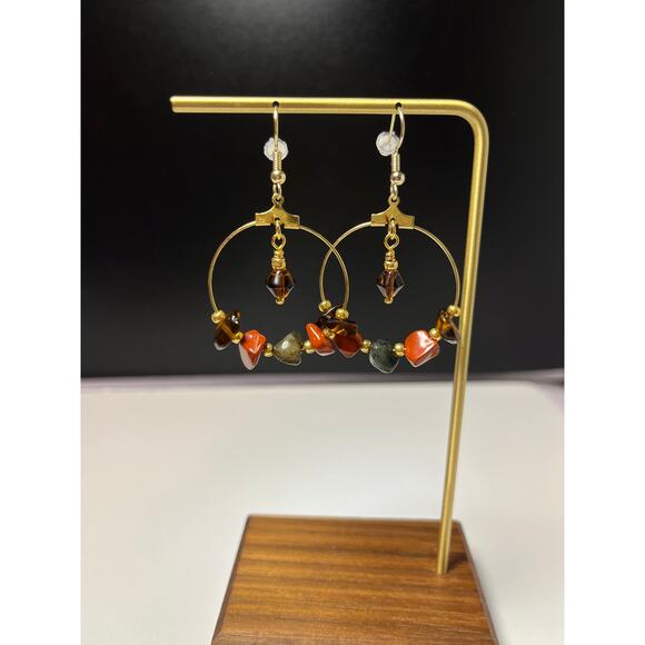 Earthy Gemstone - Glass Hoop Earrings, Gold Plated Hoops, Dangle Drop Earrings, - Picture 3 of 6